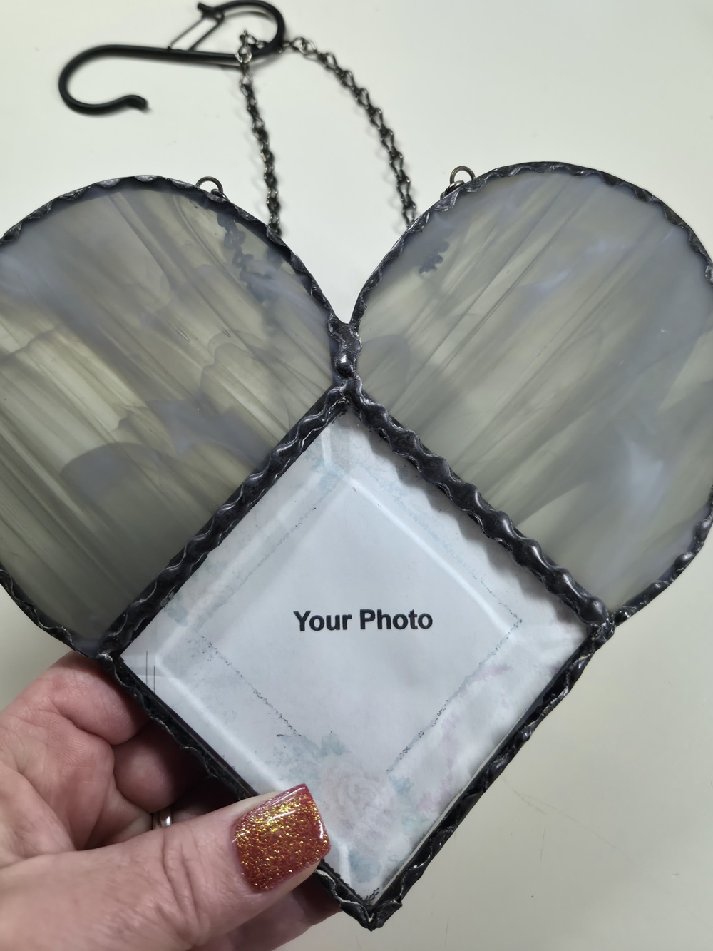 Handcrafted In California Gray/opal Stained Glass Heart Photo Frame
